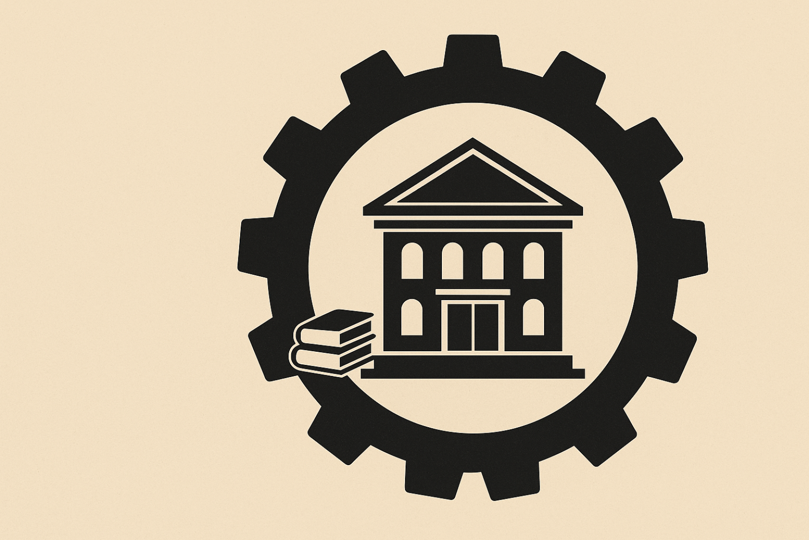 imagine vettoriale di un edificio universitario e libri inserito in un ingranaggio ministeriale