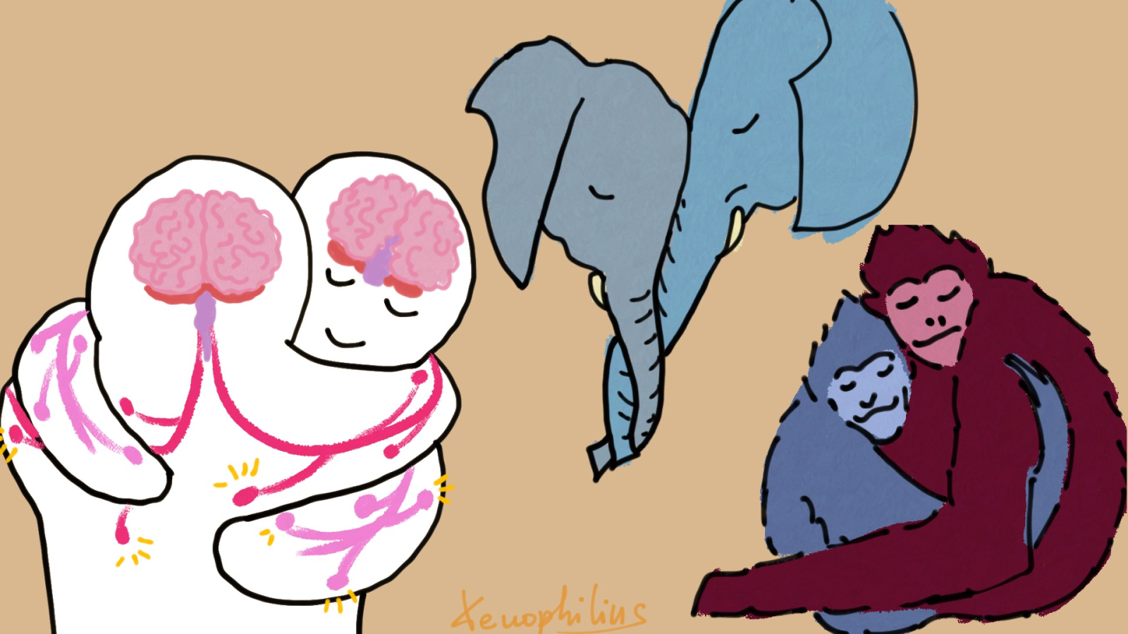 disegno di animali umani e non umani che si abbracciano