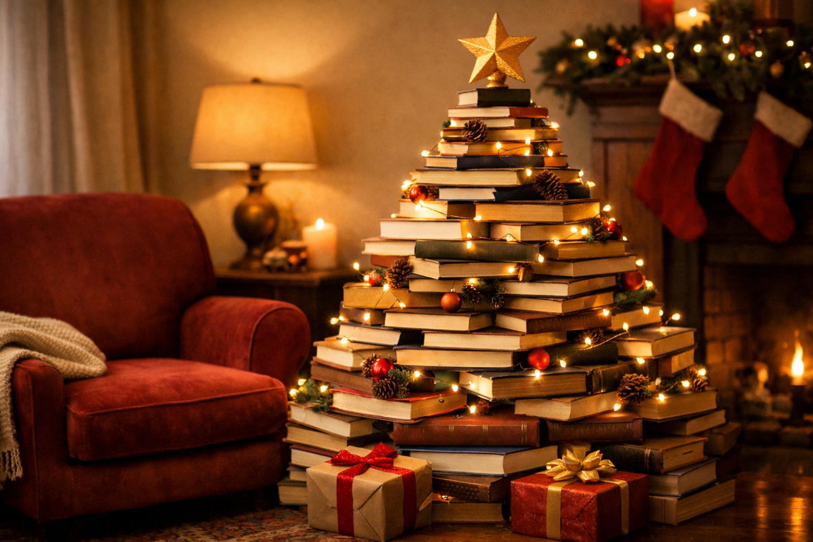 In un salotto caldo e confortevole, addobbato per Natale, l'abete è tutto formato da libri impilati