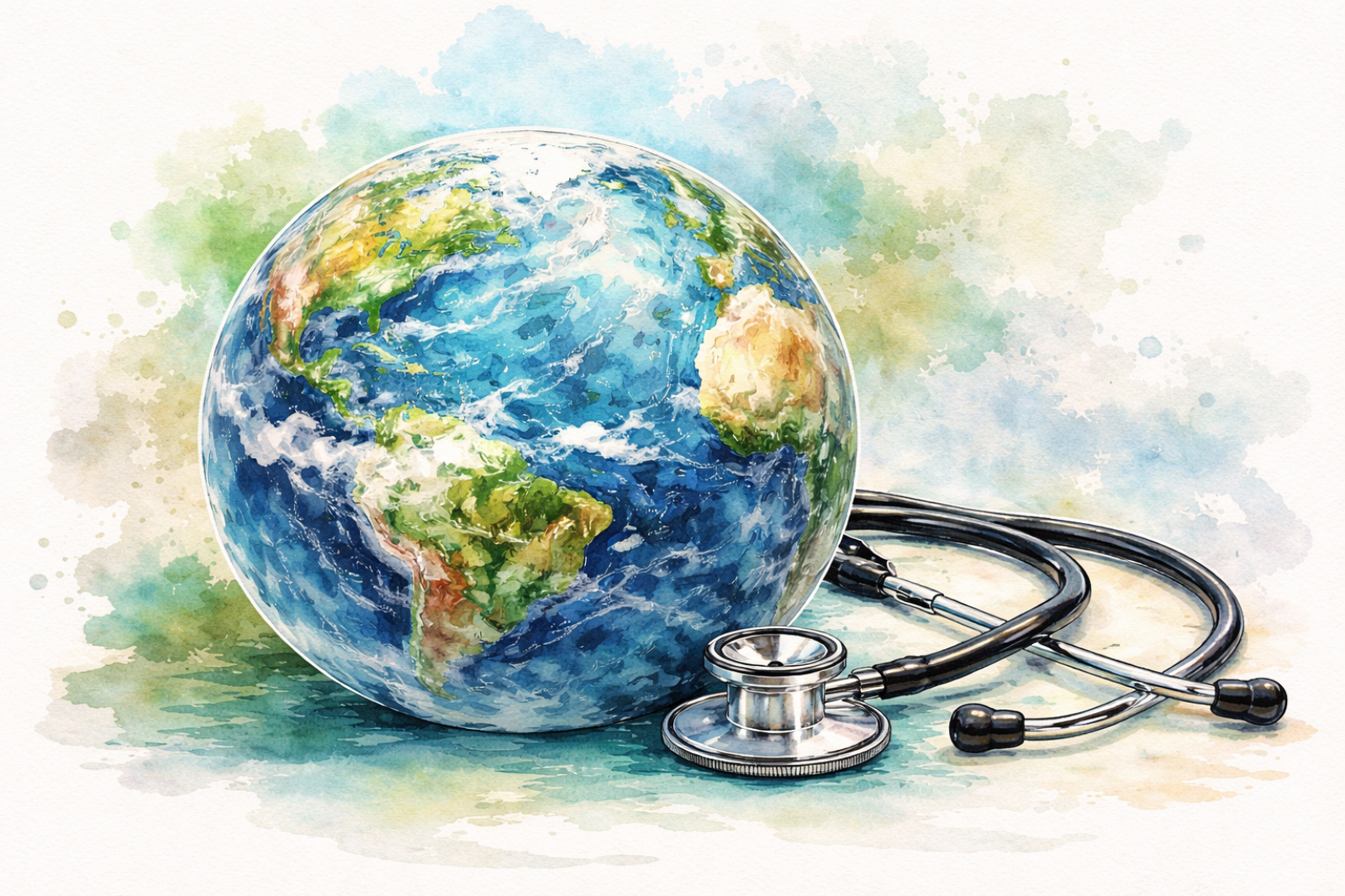 Disegno ad acquarello del mondo con accanto uno stetoscopio