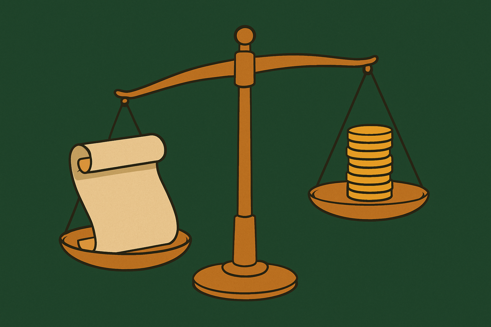 una bilancia con il contratto di ricerca su un piatto e dei soldi sull'altro