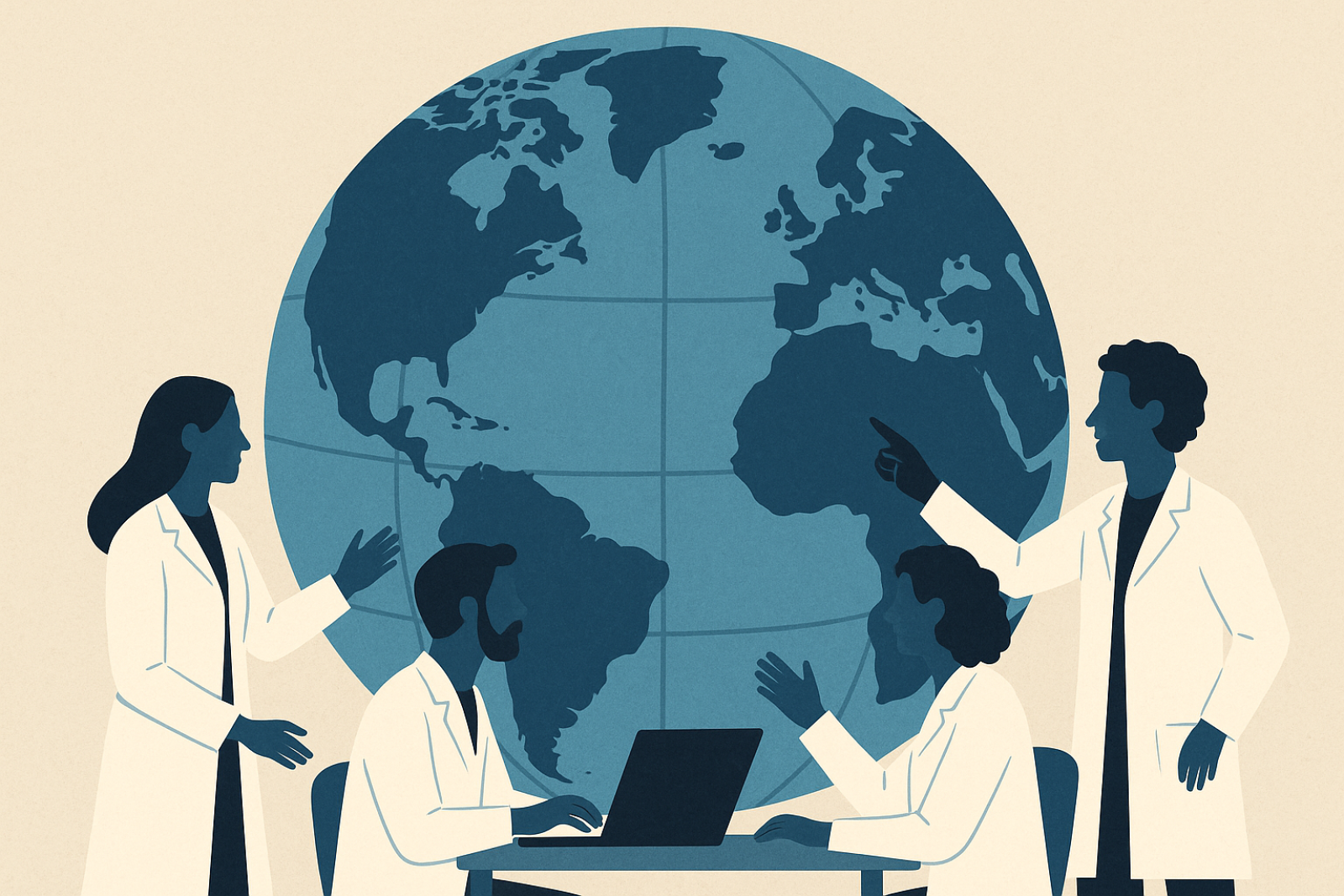 Disegno di scienziati e scienziate che dialogano davanti a una rappresentazione del mondo