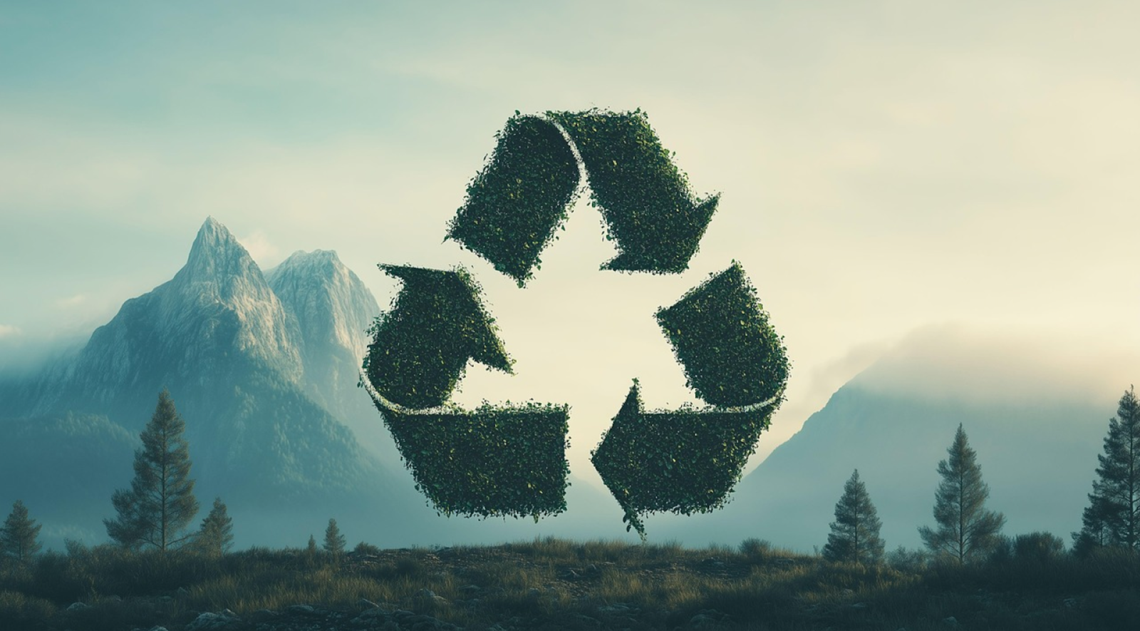 simbolo del riciclo in verde su sfondo di bosco