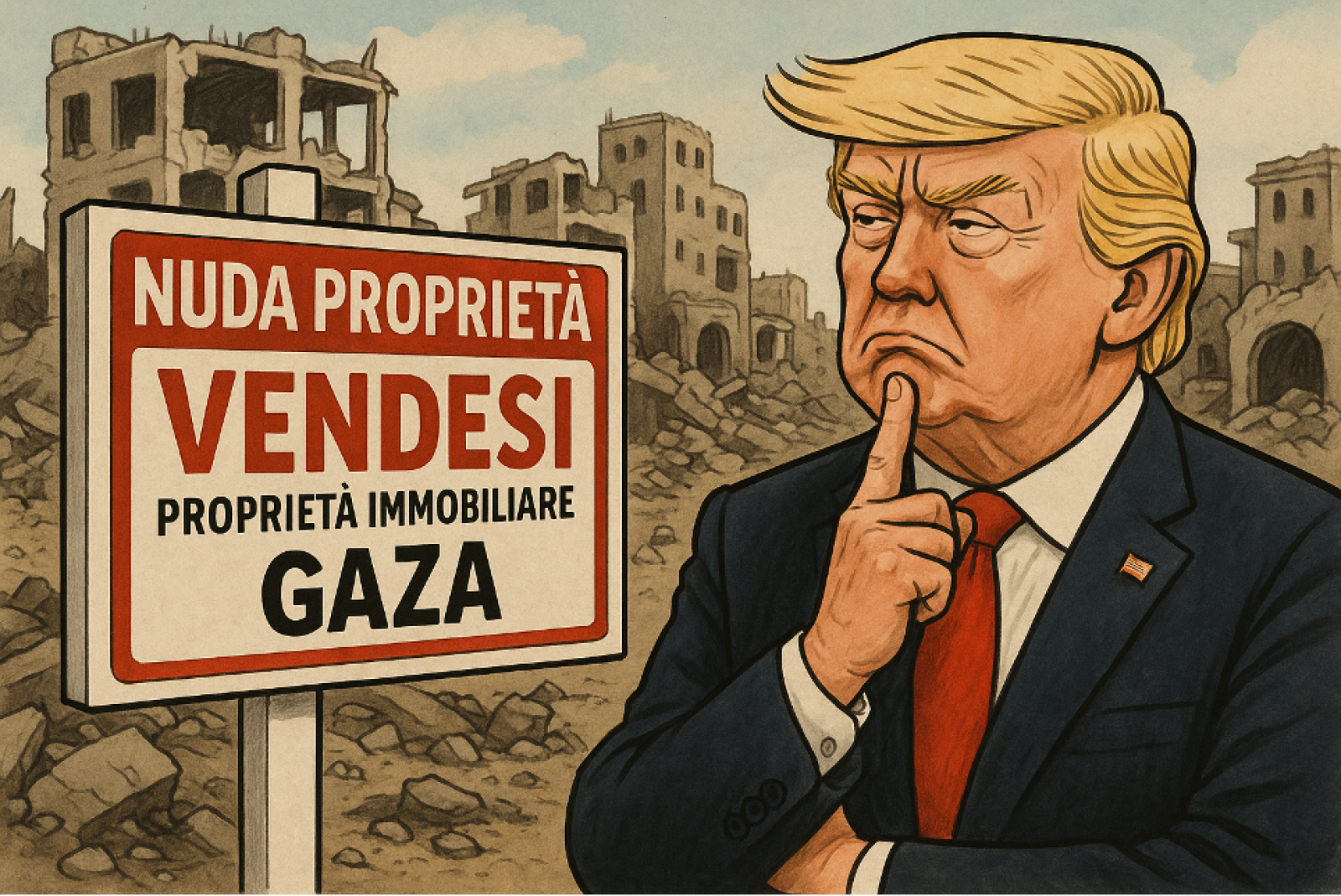 Trump pensieroso di fronte a un cartello vendesi nuda proprieta con la proprieta immobiliare di Gaza