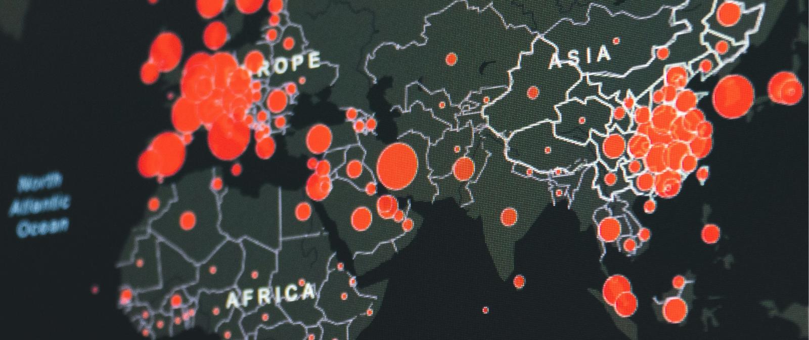 Mappa geografica del mondo con bolli rossi di dimensioni diverse che indicano la presenza di patologie