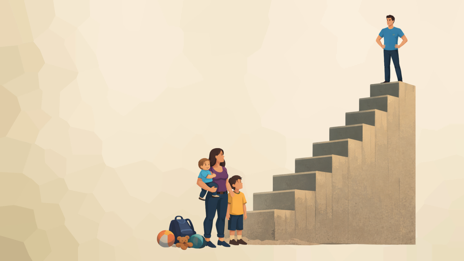 uomo in alto e donna con figli in basso