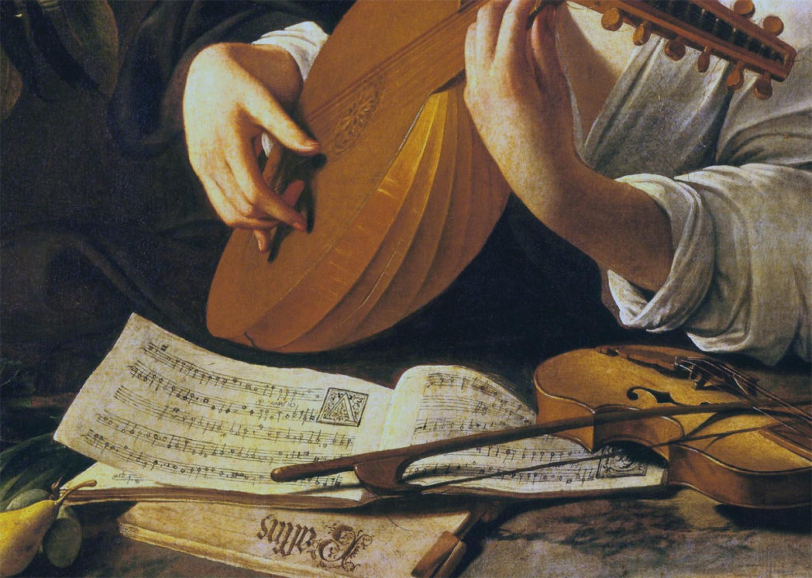 Suonatore di liuto Caravaggio, dettaglio partiture