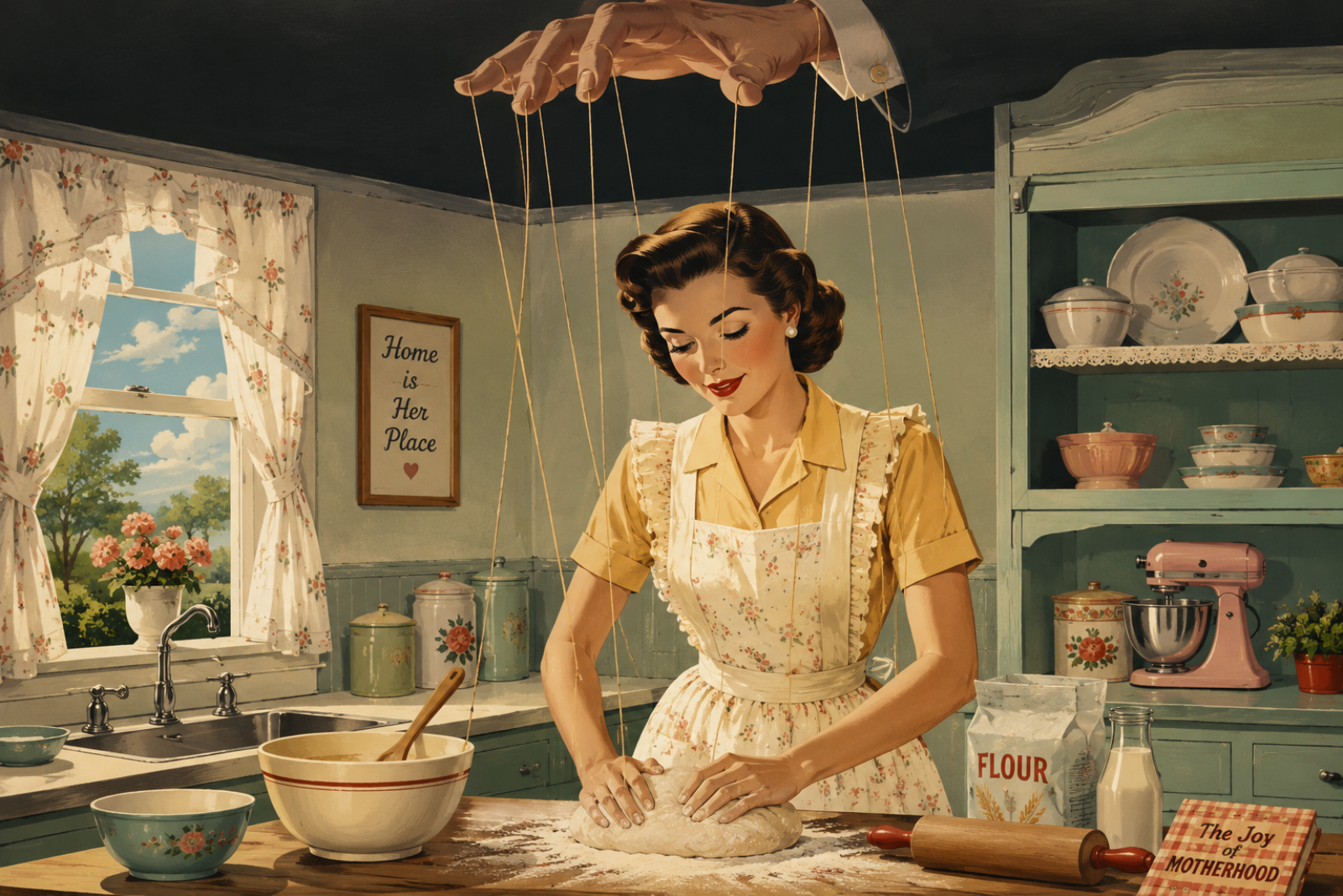 Una donna in abiti vintage impasta il pane tenuta da fili da marionetta