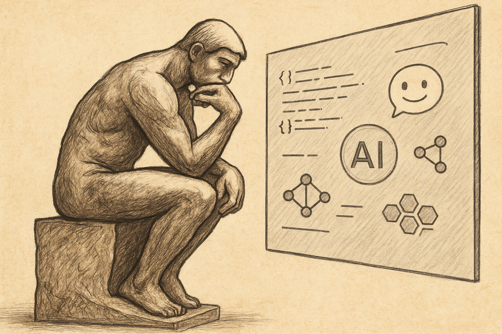 Illustrazione de Il pensatore di Rodin che fissa uno schermo