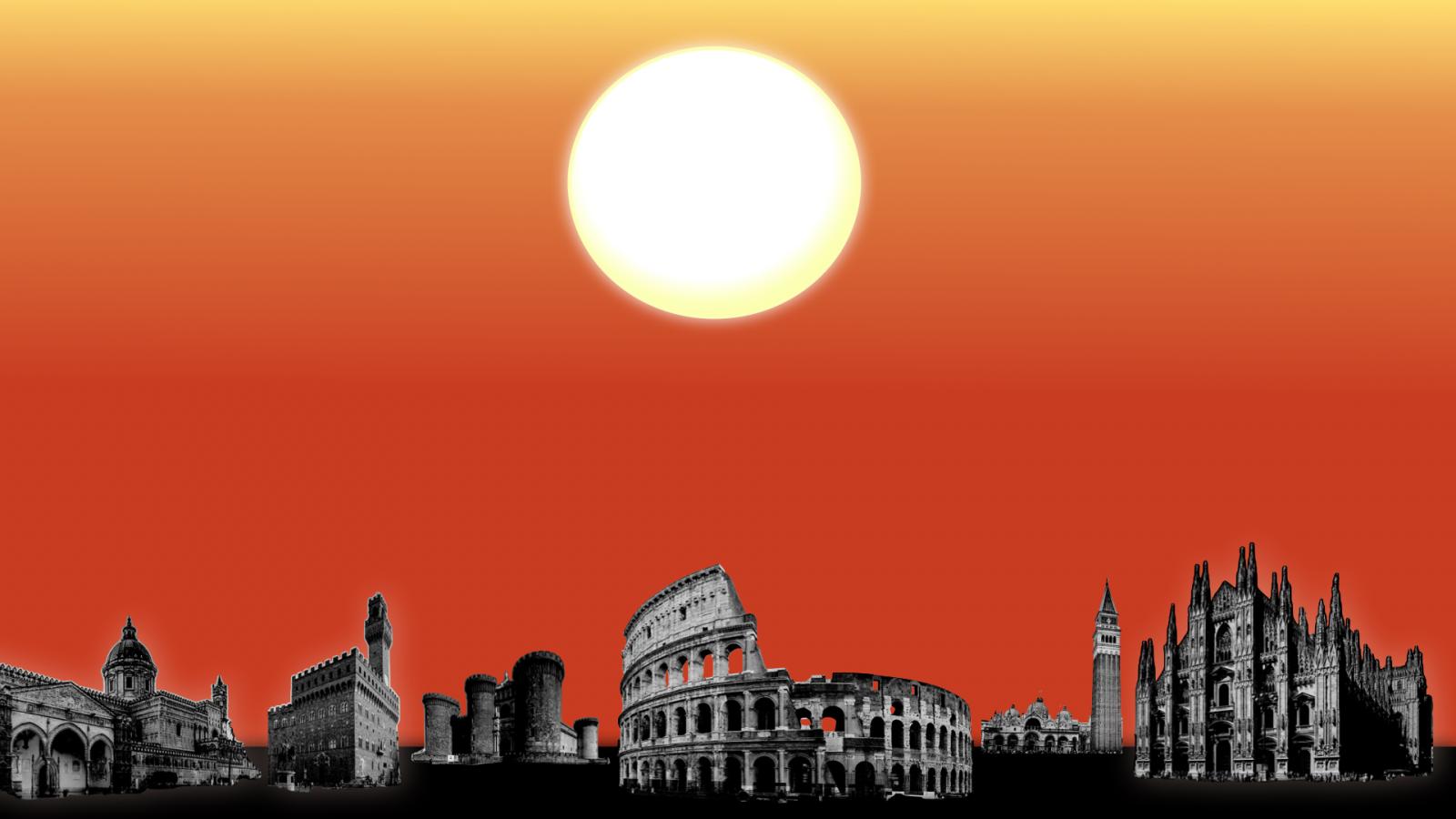 illustrazione di monumenti italiani sotto un sole cocente e un cielo rosso