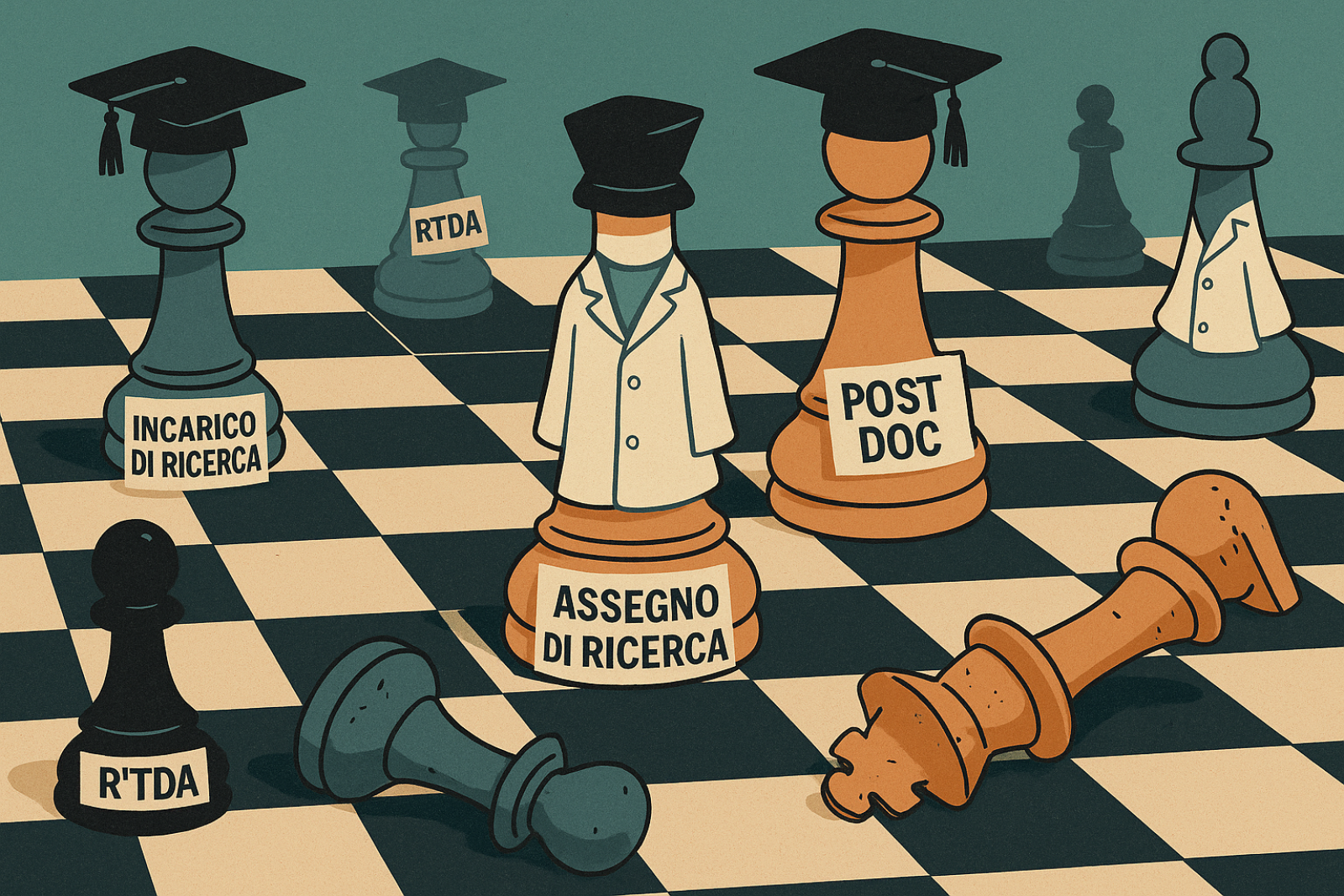 scacchiera con pedine che rappresentano figure accademiche a terra