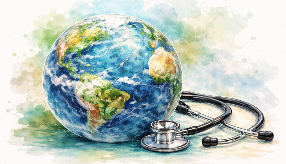 Disegno ad acquarello del mondo con accanto uno stetoscopio
