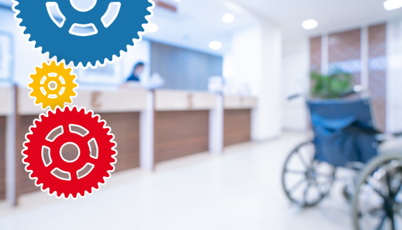 Disegno di ingranaggi su sfondo di ospedale