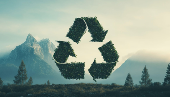 simbolo del riciclo in verde su sfondo di bosco