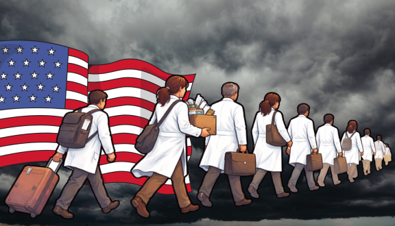 fila di dottori in ricerca su sfondo cupo e bandiera statunitense