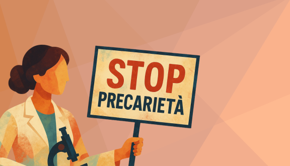 grafica di una ricercatrice con manifesto di protesta